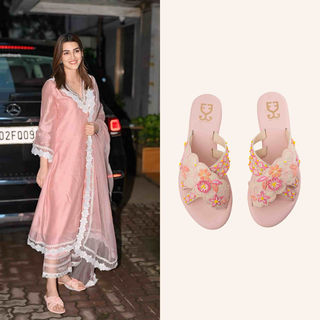 Kriti Sanon in Peach Fuzz Criss Cross Slides