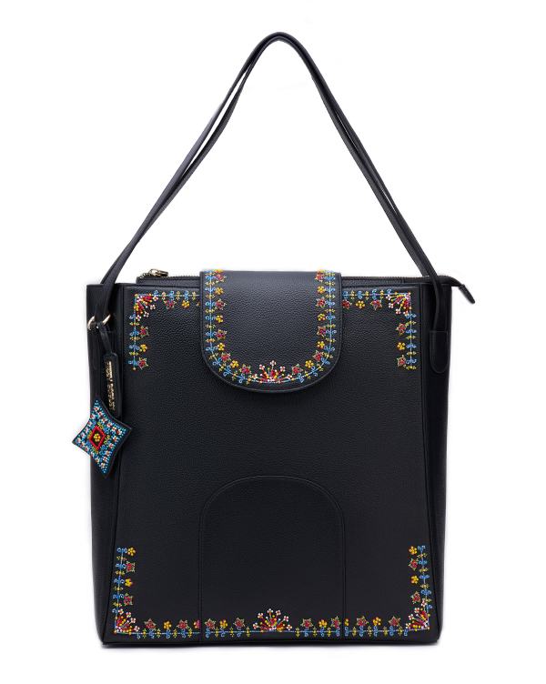 The Flappie Tote Leather - Black (With Beads Embroidery)