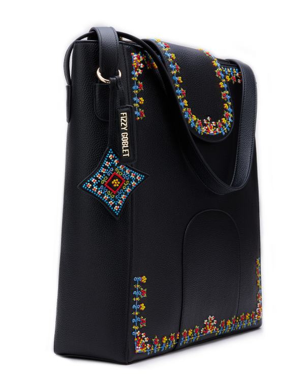 The Flappie Tote Leather - Black (With Beads Embroidery)