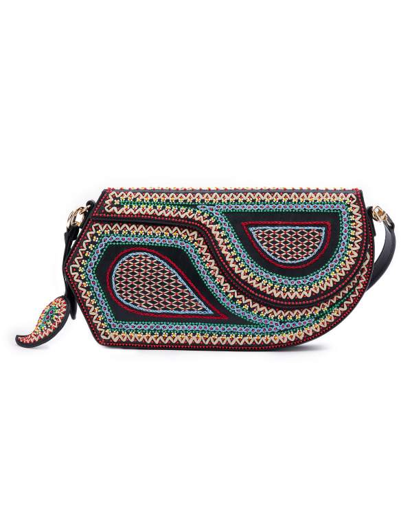 GEO Shoulder Bag Leather -  Black (With Colourful Beads)