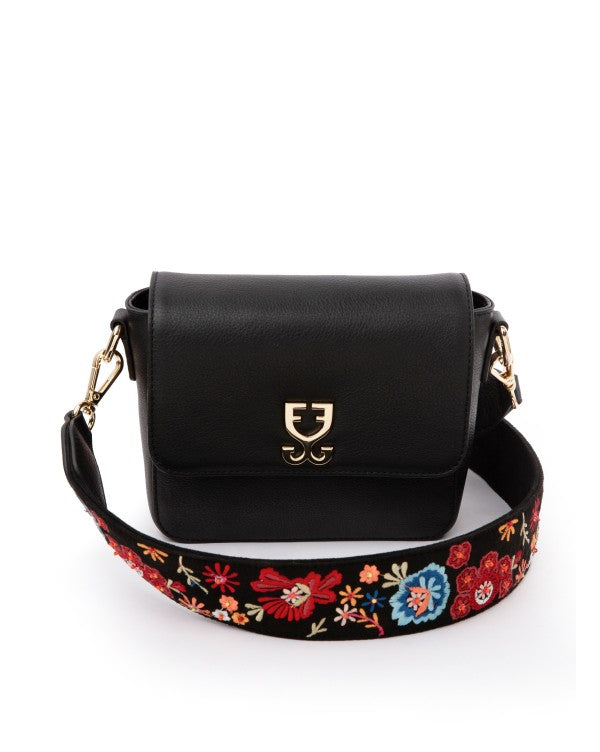 Mini Goblet Crossbody Vegan Leather :  Black With Embroidered Strap