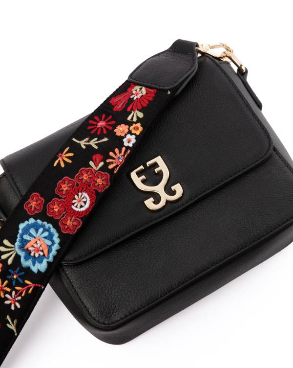 Mini Goblet Crossbody Vegan Leather :  Black With Embroidered Strap